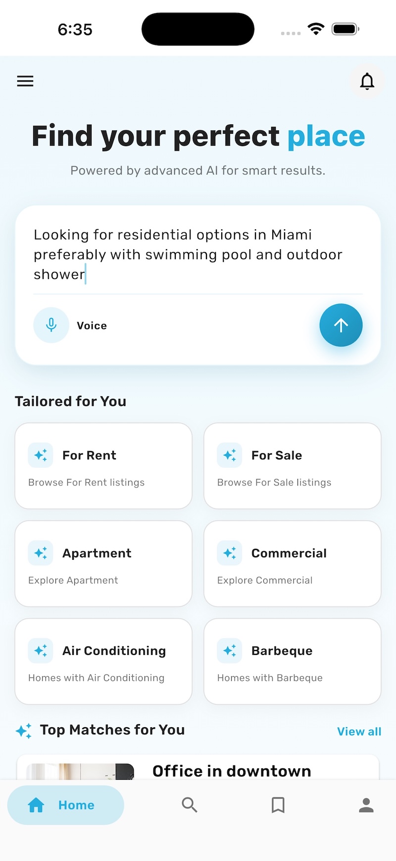 Houzi AI home screen with Tailored for You suggestions