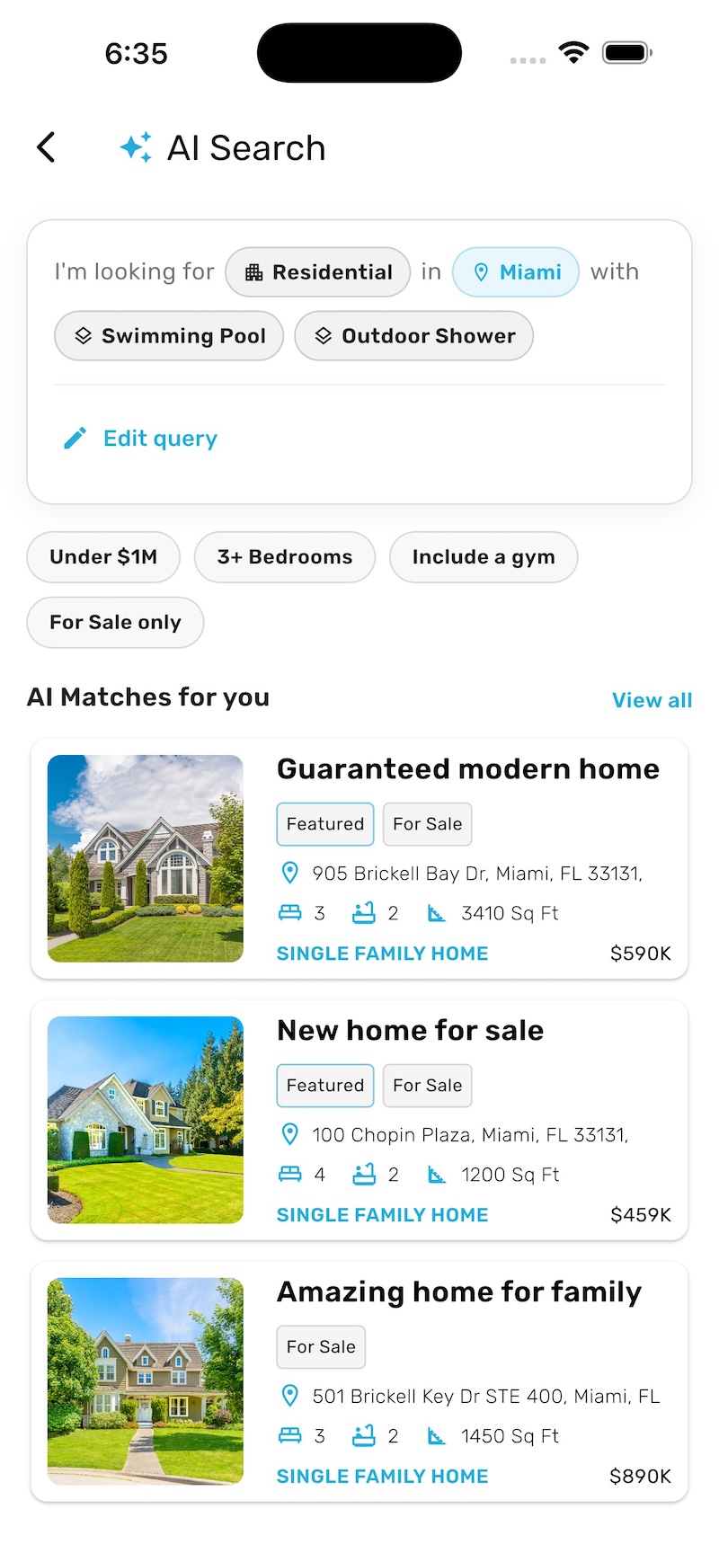 Houzi AI property search turning a natural-language query into filters